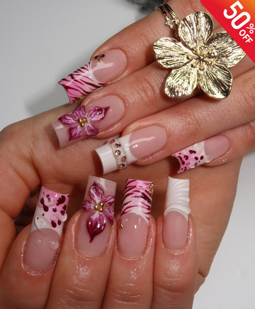 Handmade Y2K Pink Zebra & 3D Flower Press On Nails | Hot Pink Floral Luxury Fake Nails | Long Square Animal Print Nails for Birthday & Prom