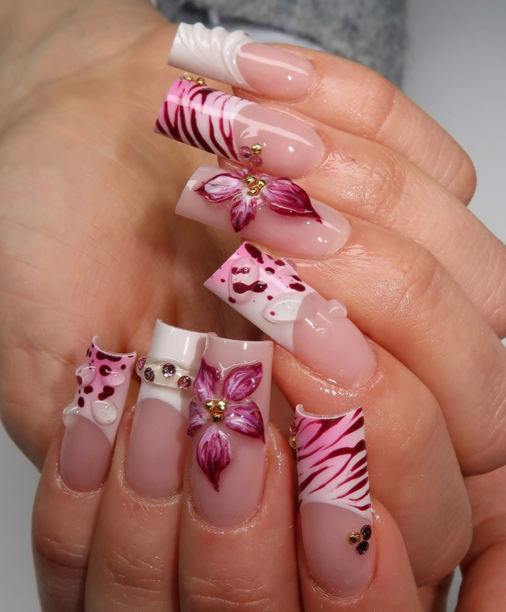 Handmade Y2K Pink Zebra & 3D Flower Press On Nails | Hot Pink Floral Luxury Fake Nails | Long Square Animal Print Nails for Birthday & Prom