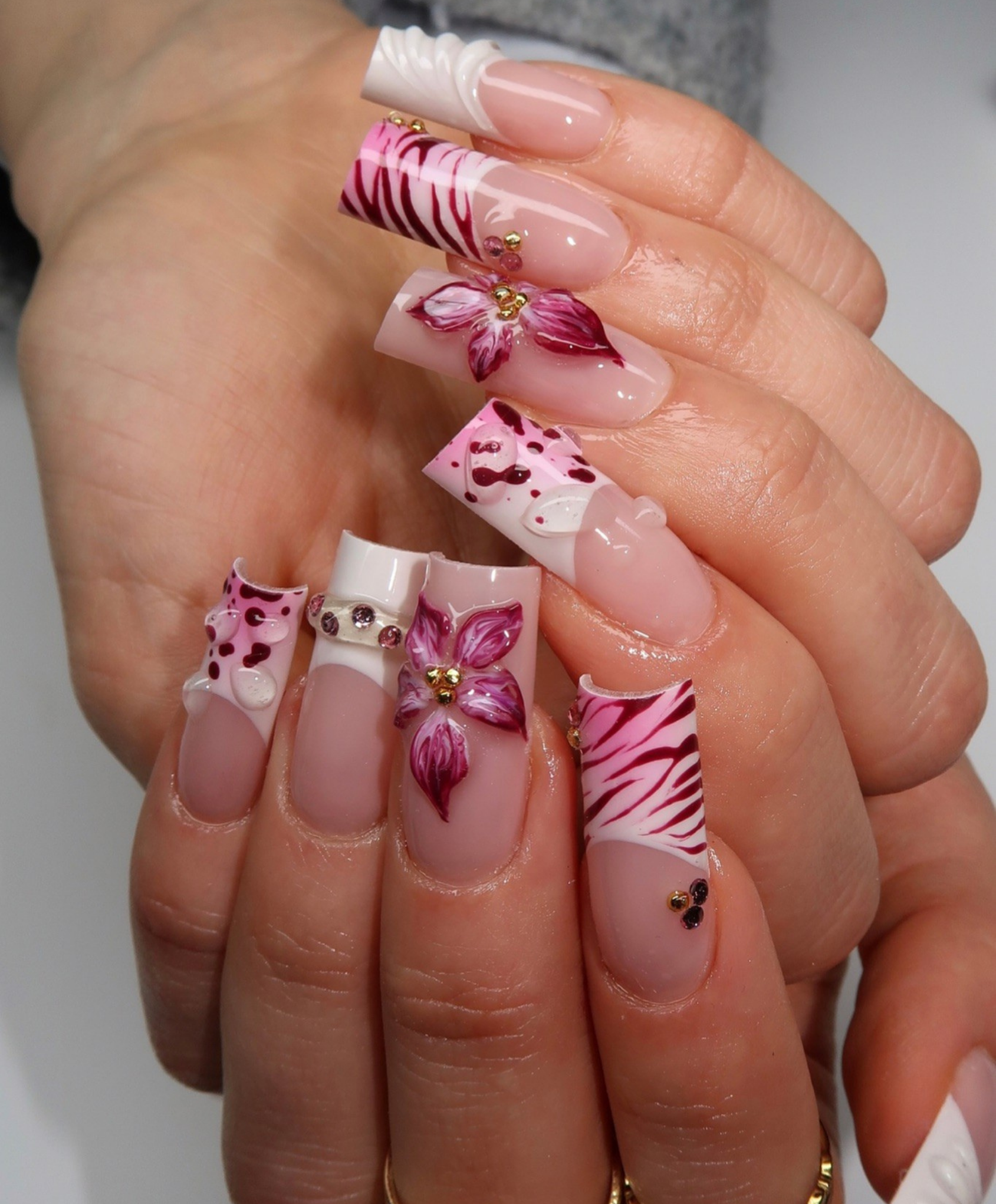 Handmade Y2K Pink Zebra & 3D Flower Press On Nails | Hot Pink Floral Luxury Fake Nails | Long Square Animal Print Nails for Birthday & Prom