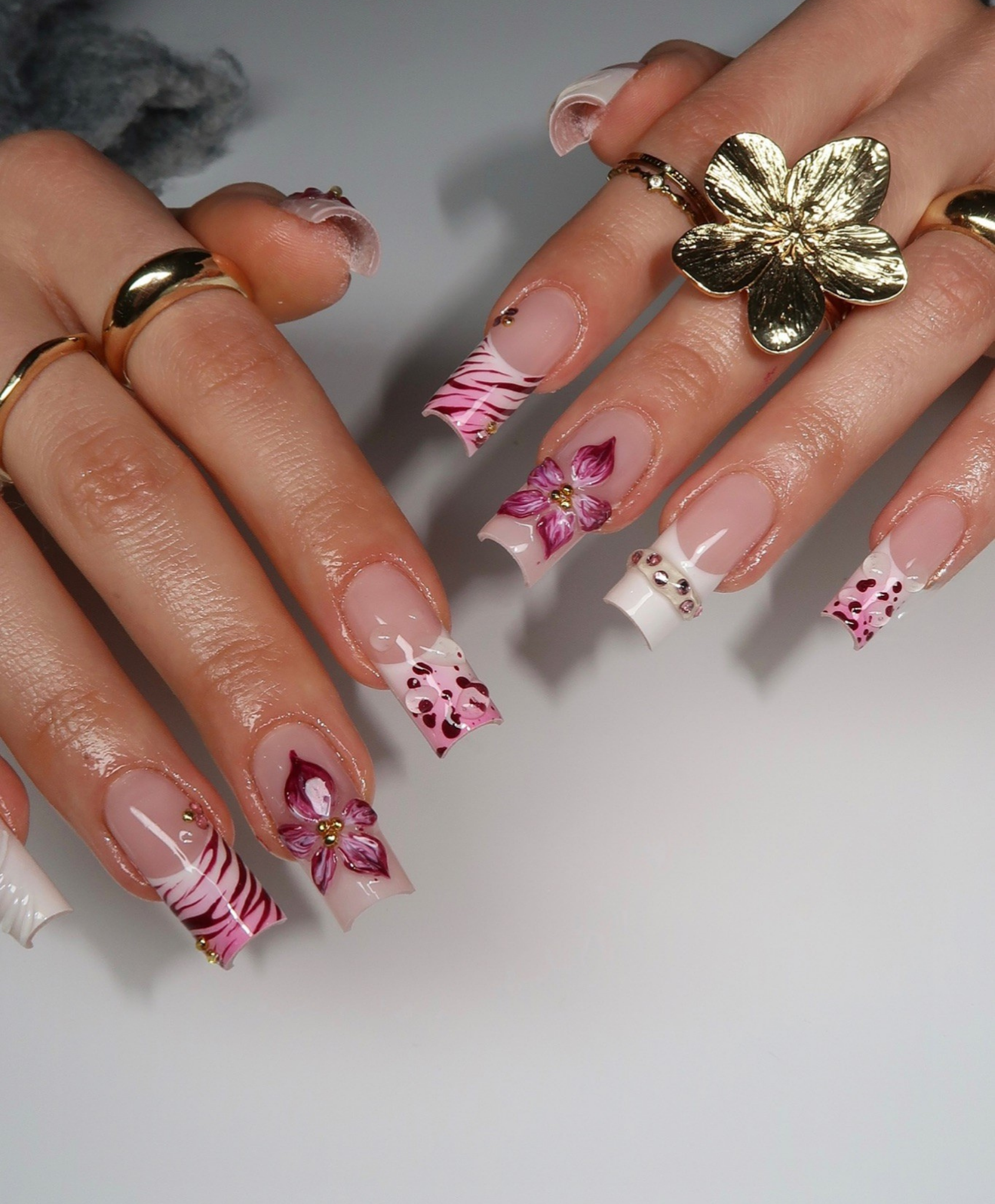 Handmade Y2K Pink Zebra & 3D Flower Press On Nails | Hot Pink Floral Luxury Fake Nails | Long Square Animal Print Nails for Birthday & Prom