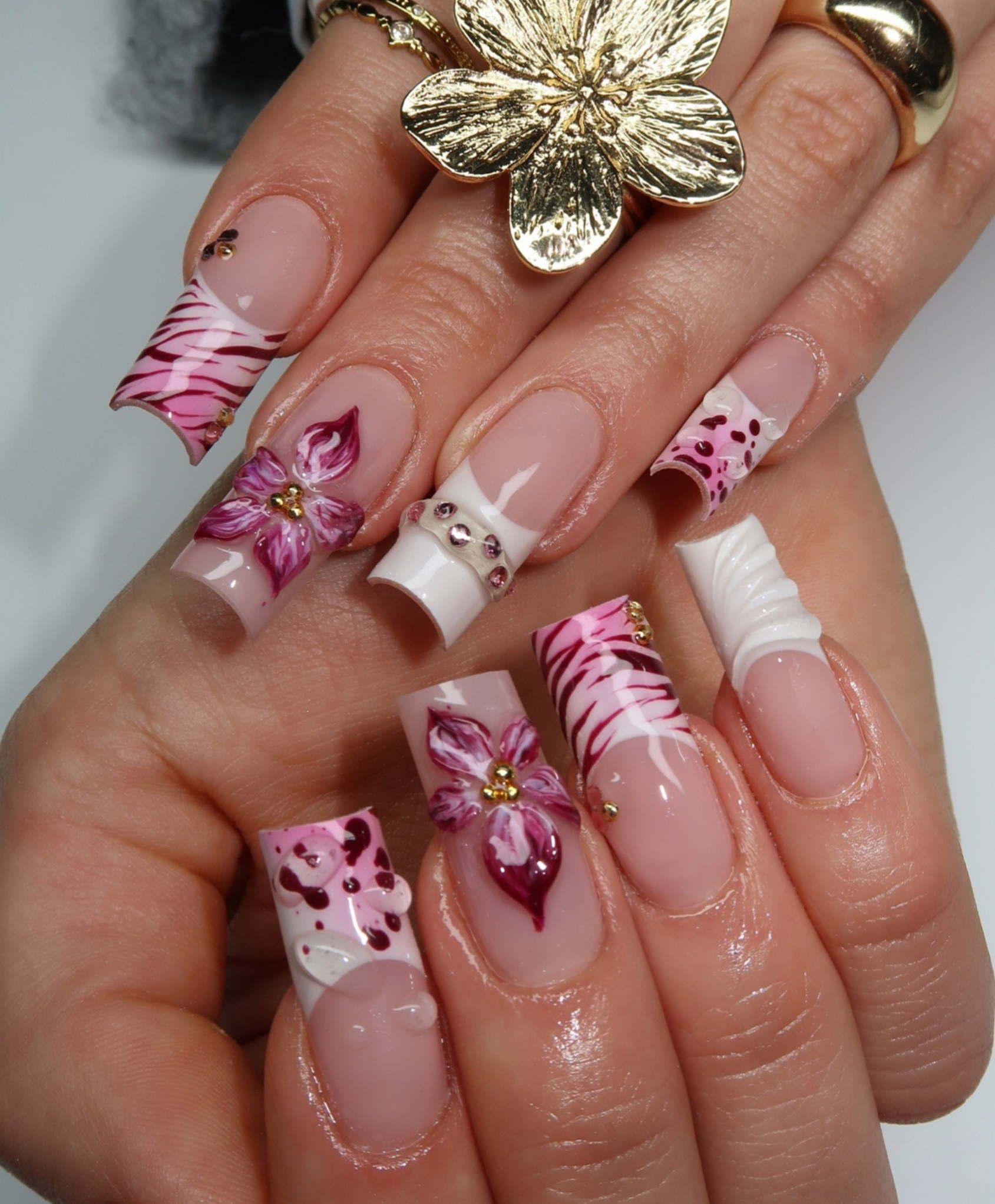 Handmade Y2K Pink Zebra & 3D Flower Press On Nails | Hot Pink Floral Luxury Fake Nails | Long Square Animal Print Nails for Birthday & Prom