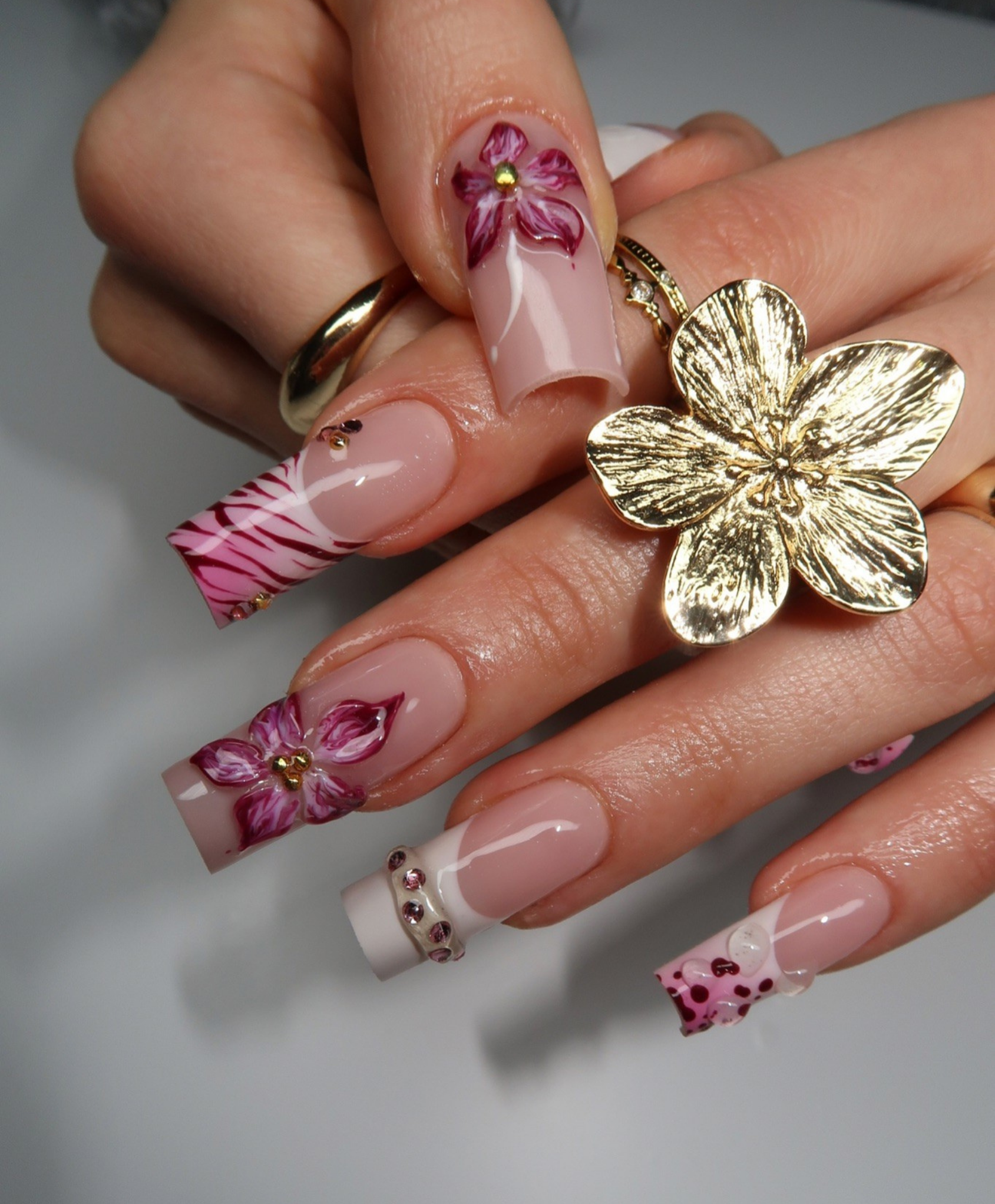 Handmade Y2K Pink Zebra & 3D Flower Press On Nails | Hot Pink Floral Luxury Fake Nails | Long Square Animal Print Nails for Birthday & Prom