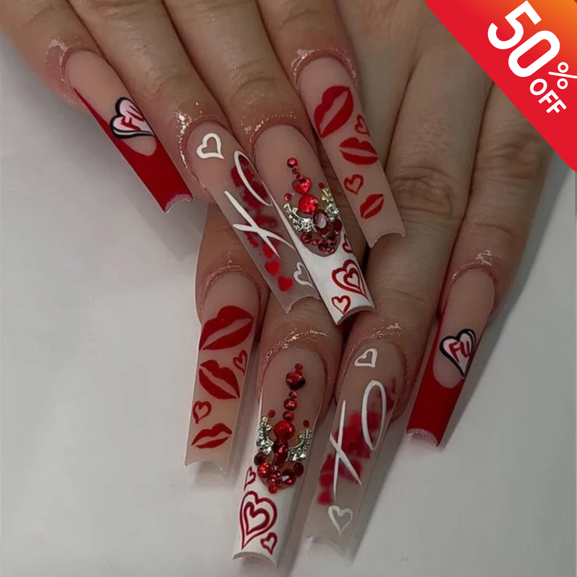 Valentine XO Heart Press-On Nails | Luxury Red XO Nail Art | Valentine’s Love Theme Nails | Elegant Red Kiss Nails | Romantic Design
