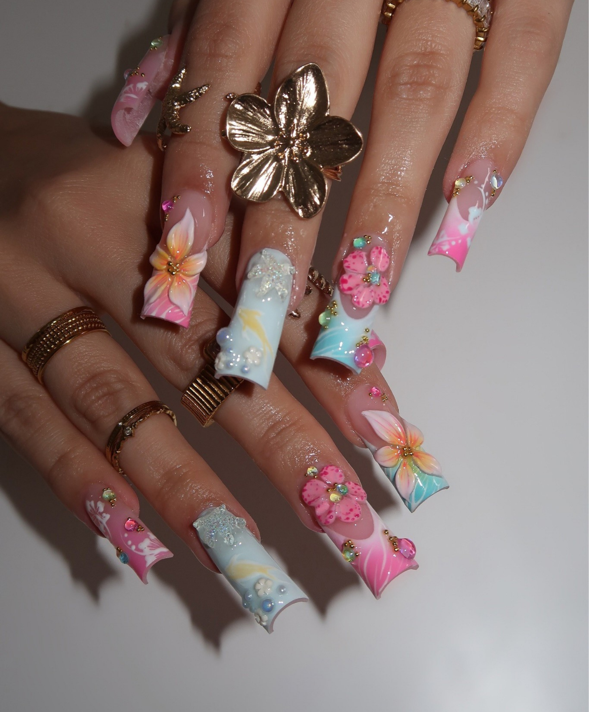 Pastel Tropical 3D Floral Press On Nails | Long Square Hibiscus Nail Art | Pink Blue Ombre Summer Nails | Luxury Rhinestone Handmade Nail Set | Vacation Beach Nails