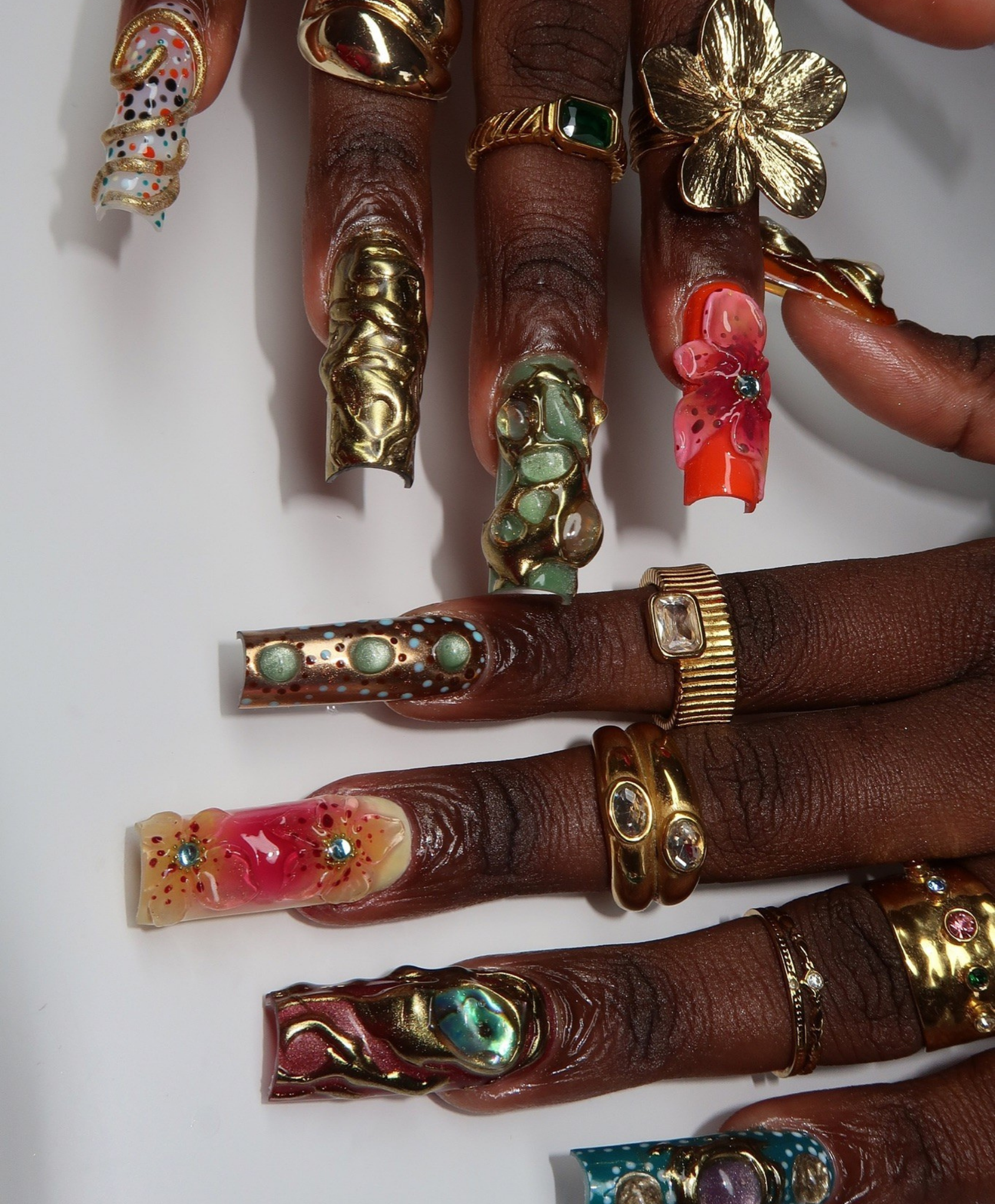 Handmade XL 3D Liquid Gold & Stone Press On Nails | Avant-Garde Jewelry Luxury Fake Nails | Tropical Flower & Jade Art Nails for Photoshoot