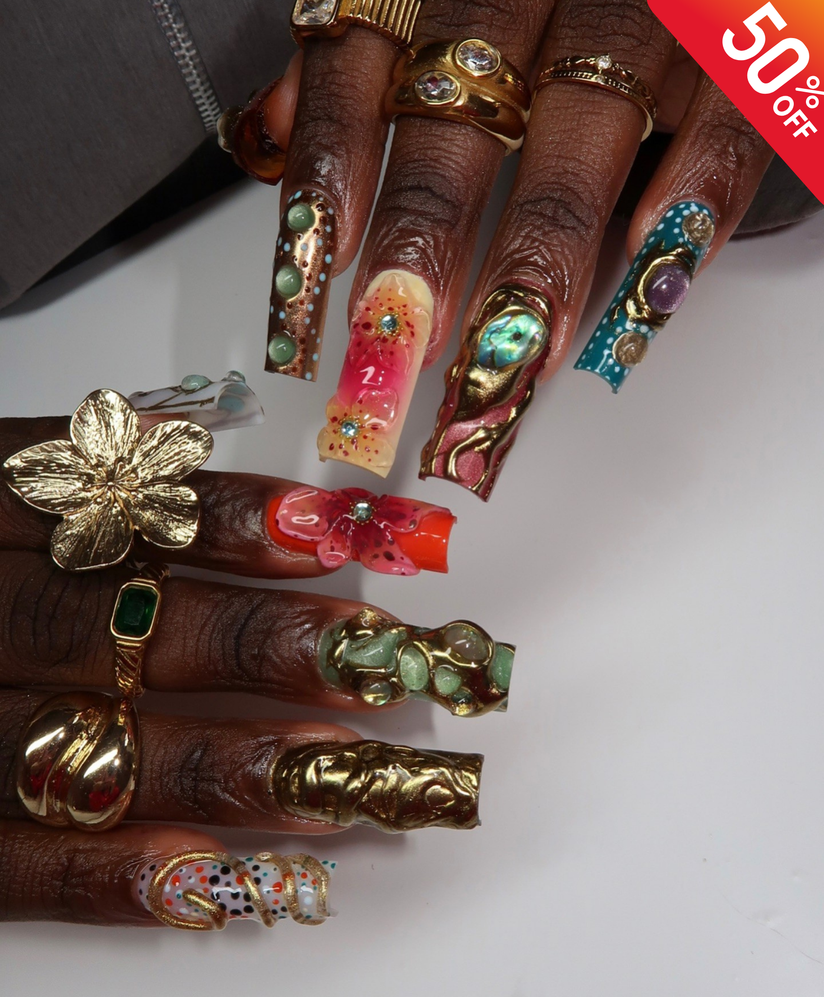 Handmade XL 3D Liquid Gold & Stone Press On Nails | Avant-Garde Jewelry Luxury Fake Nails | Tropical Flower & Jade Art Nails for Photoshoot