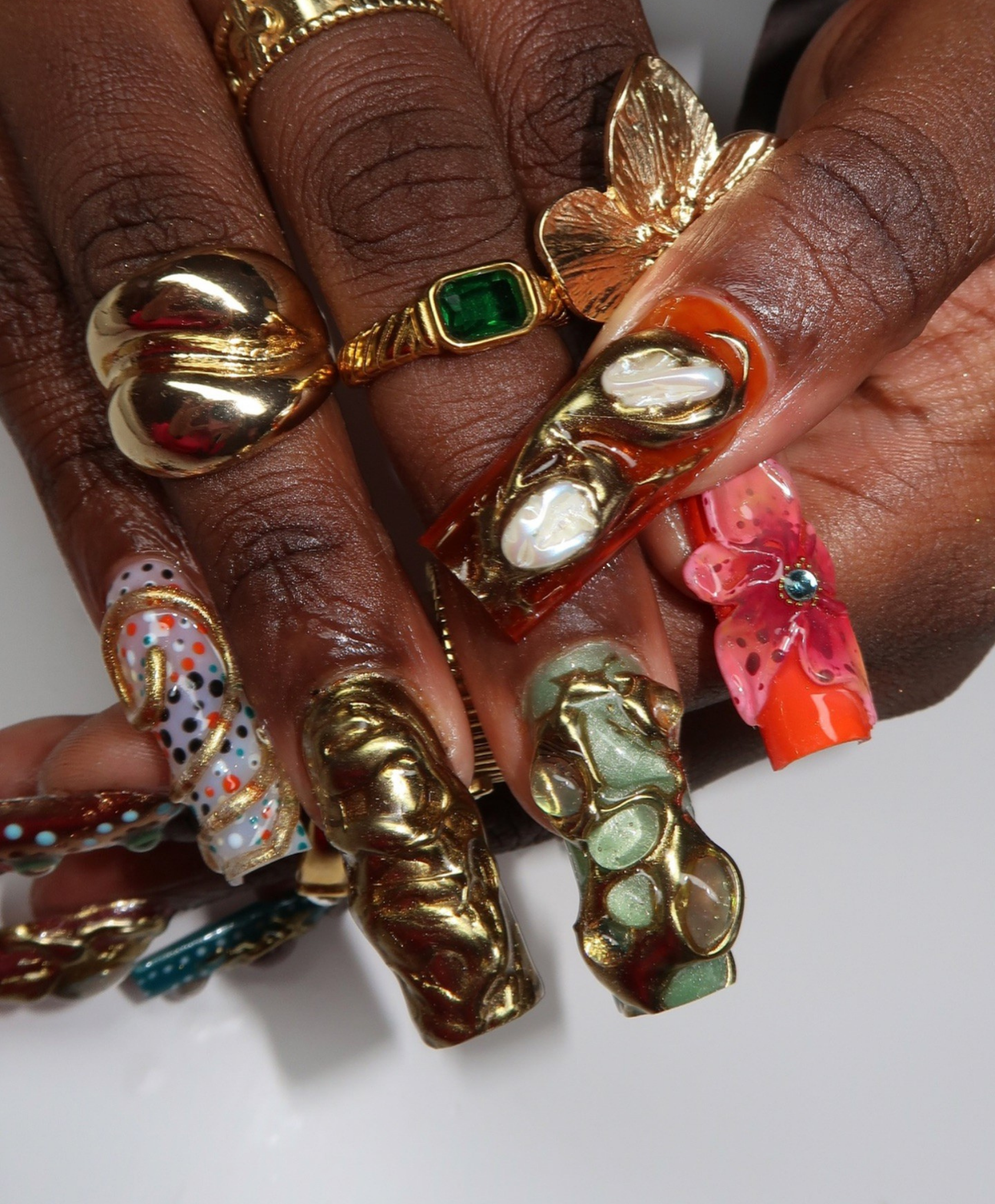 Handmade XL 3D Liquid Gold & Stone Press On Nails | Avant-Garde Jewelry Luxury Fake Nails | Tropical Flower & Jade Art Nails for Photoshoot