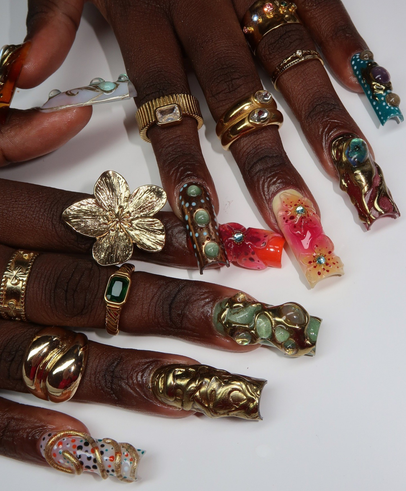Handmade XL 3D Liquid Gold & Stone Press On Nails | Avant-Garde Jewelry Luxury Fake Nails | Tropical Flower & Jade Art Nails for Photoshoot