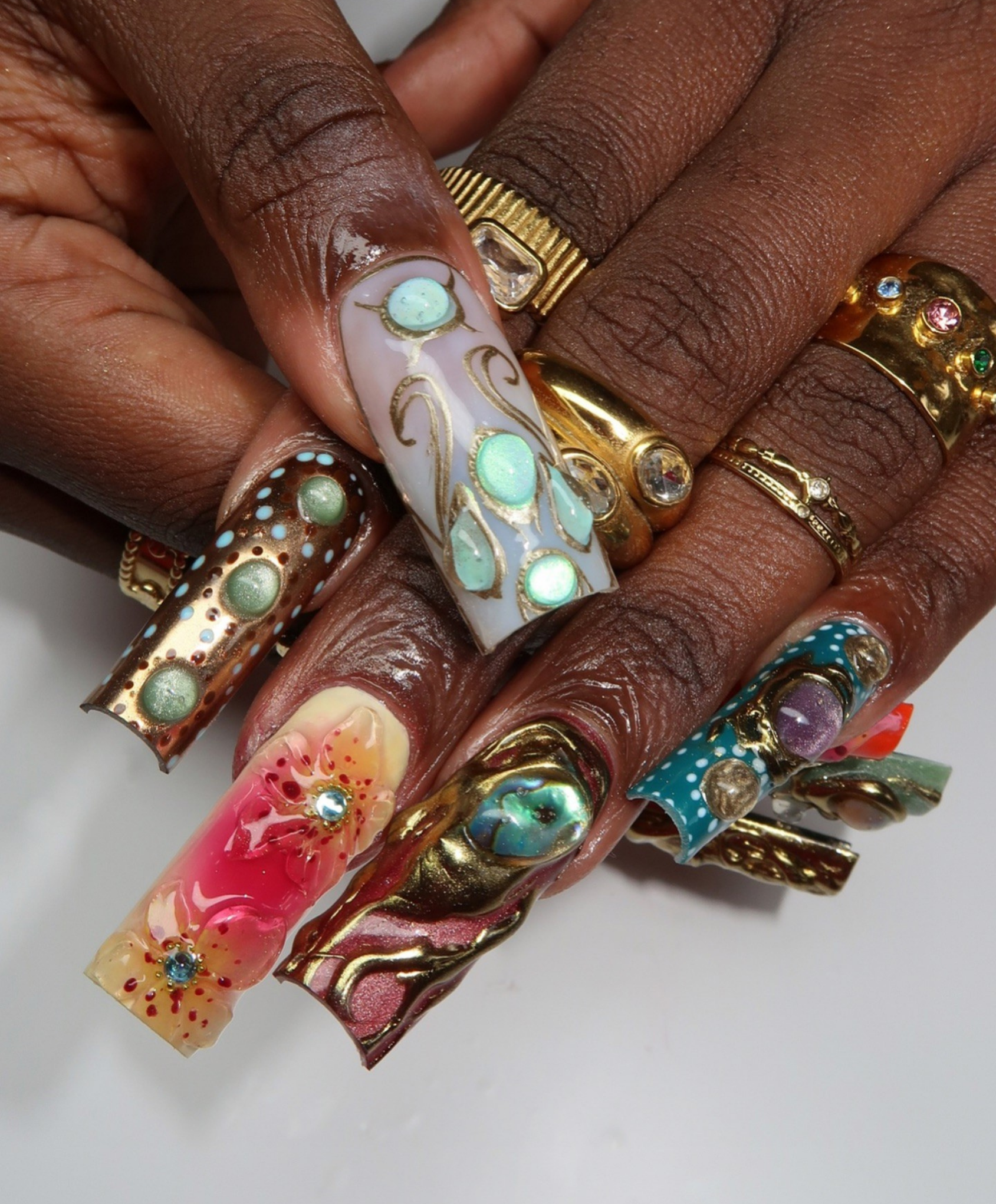 Handmade XL 3D Liquid Gold & Stone Press On Nails | Avant-Garde Jewelry Luxury Fake Nails | Tropical Flower & Jade Art Nails for Photoshoot