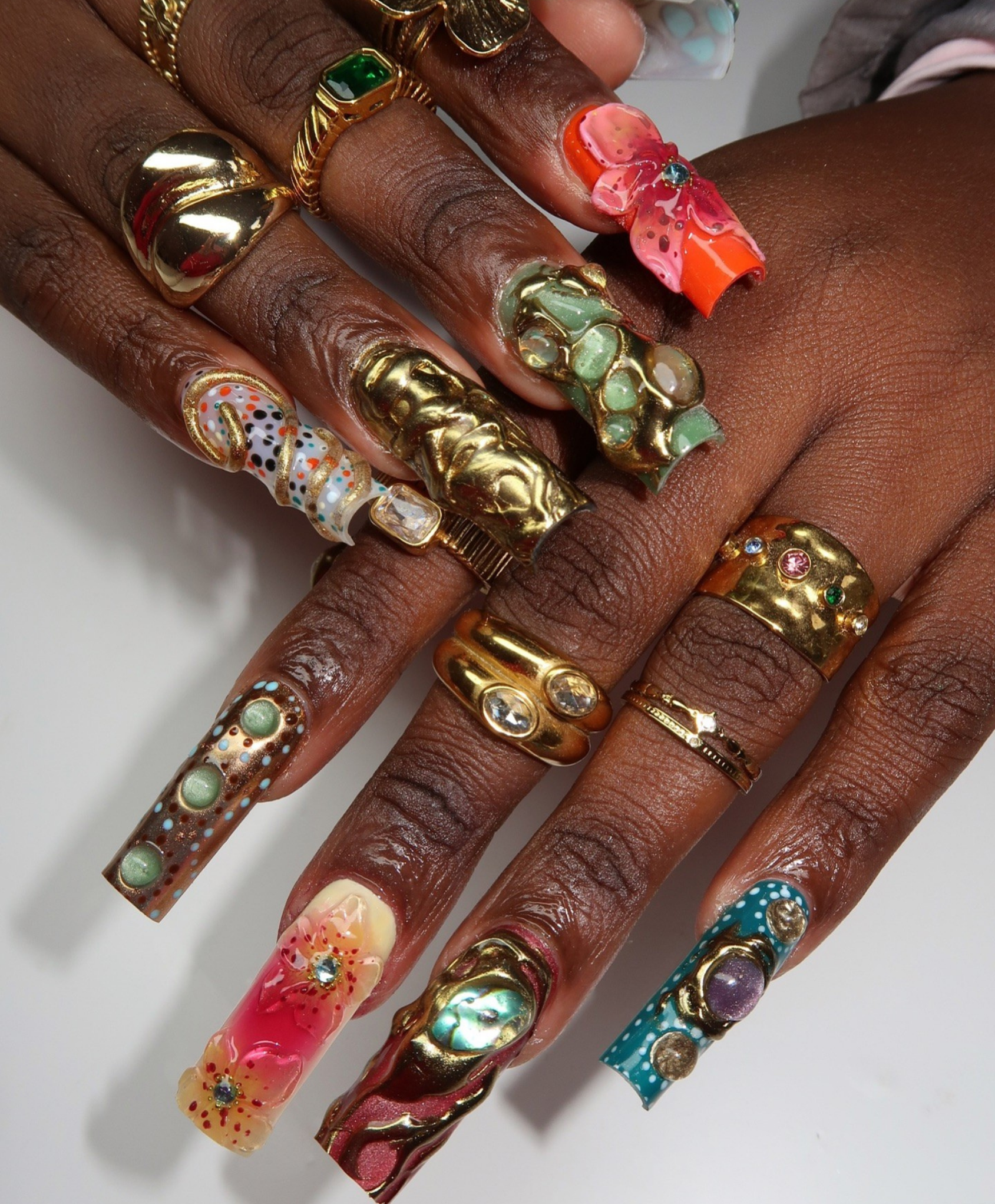 Handmade XL 3D Liquid Gold & Stone Press On Nails | Avant-Garde Jewelry Luxury Fake Nails | Tropical Flower & Jade Art Nails for Photoshoot