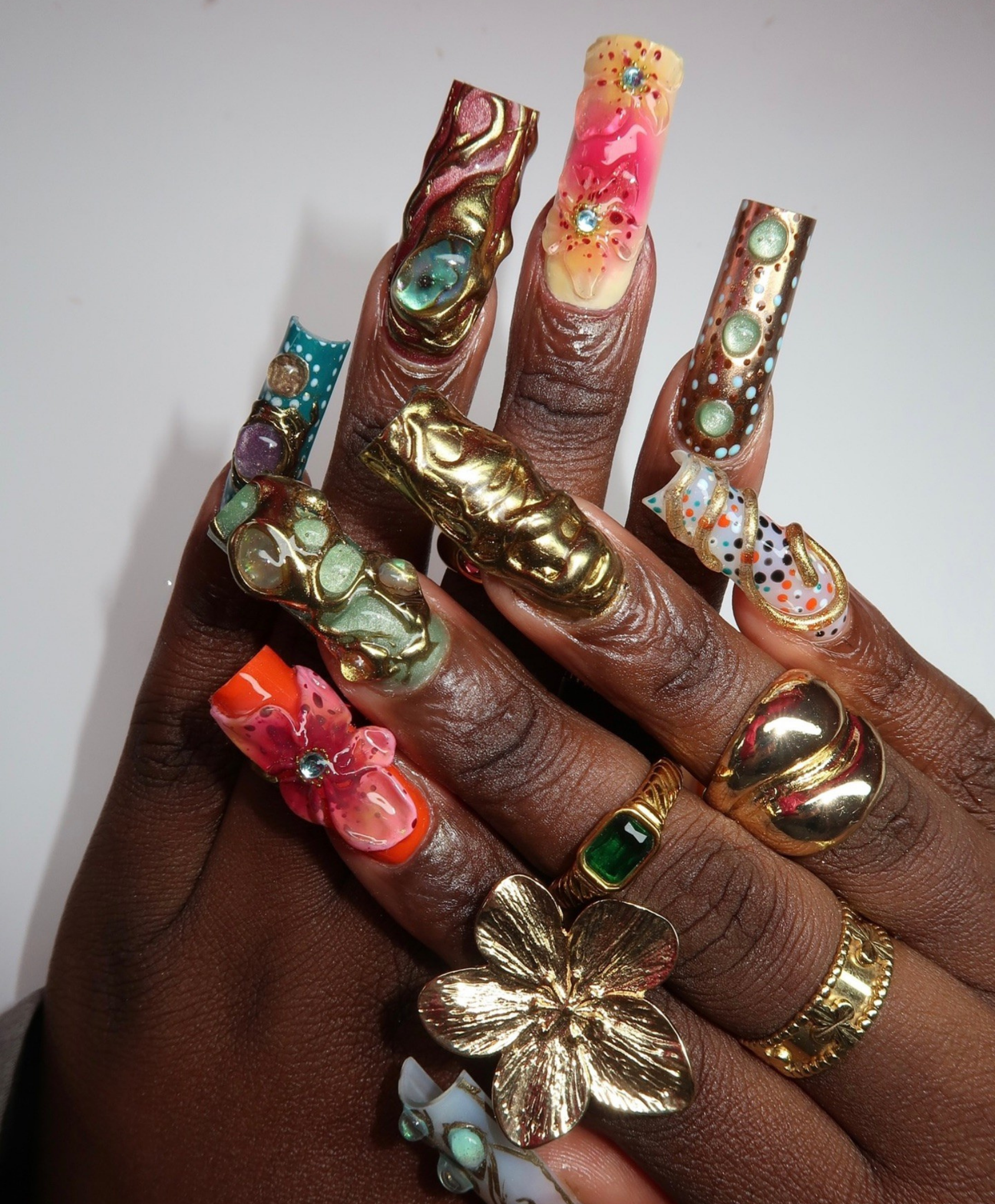 Handmade XL 3D Liquid Gold & Stone Press On Nails | Avant-Garde Jewelry Luxury Fake Nails | Tropical Flower & Jade Art Nails for Photoshoot