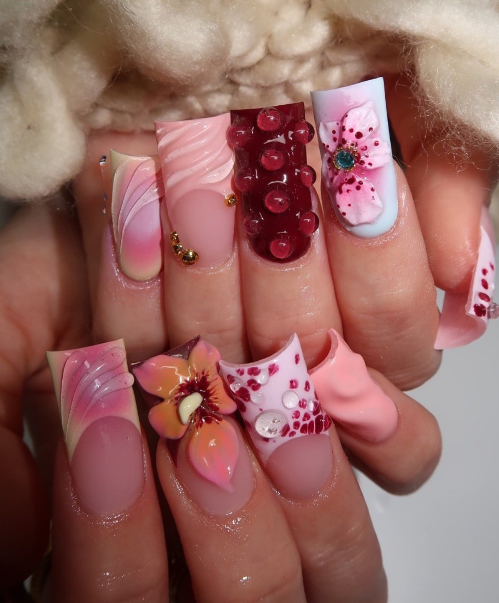 Handmade 3D Pink Floral & Jelly Droplet Press On Nails | Luxury Orchid Sculpted Fake Nails | Long Square 3D Flower Nails for Spring & Birthday