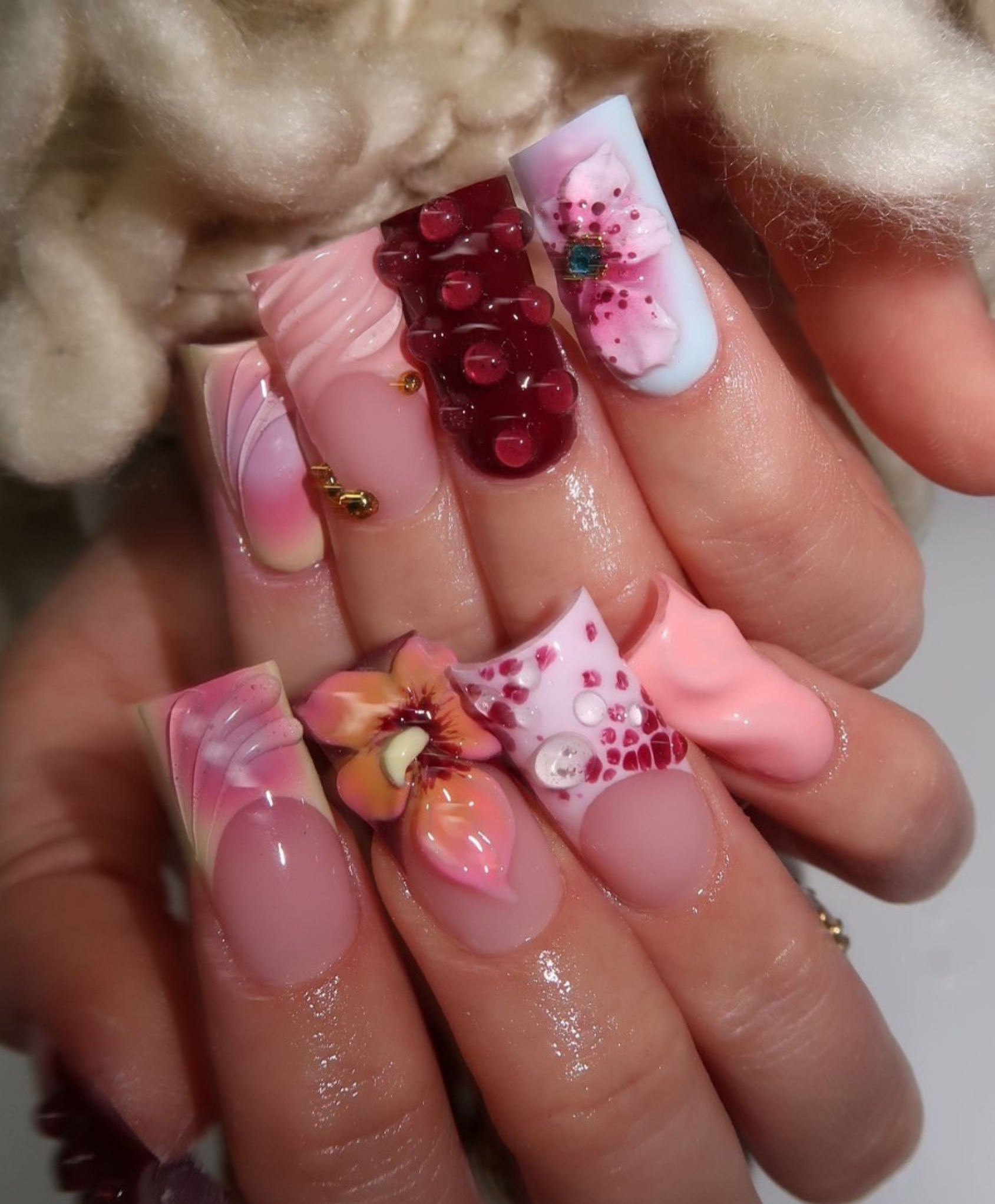 Handmade 3D Pink Floral & Jelly Droplet Press On Nails | Luxury Orchid Sculpted Fake Nails | Long Square 3D Flower Nails for Spring & Birthday