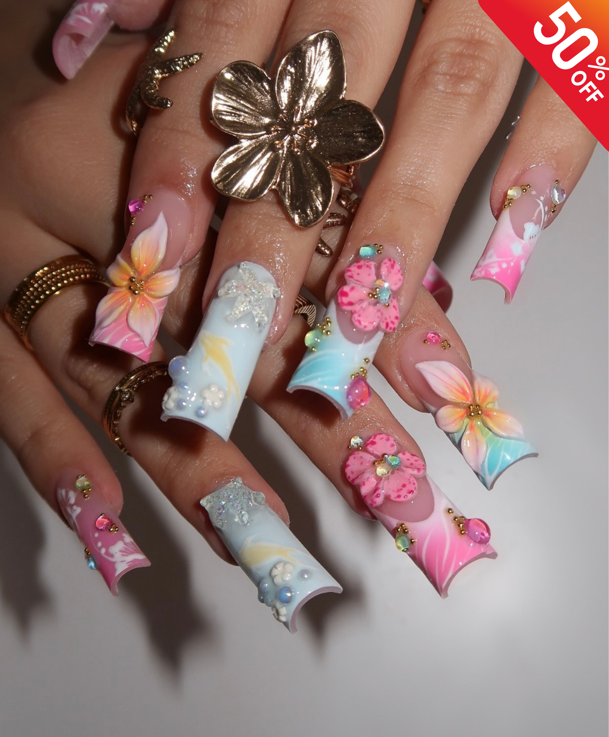 Pastel Tropical 3D Floral Press On Nails | Long Square Hibiscus Nail Art | Pink Blue Ombre Summer Nails | Luxury Rhinestone Handmade Nail Set | Vacation Beach Nails