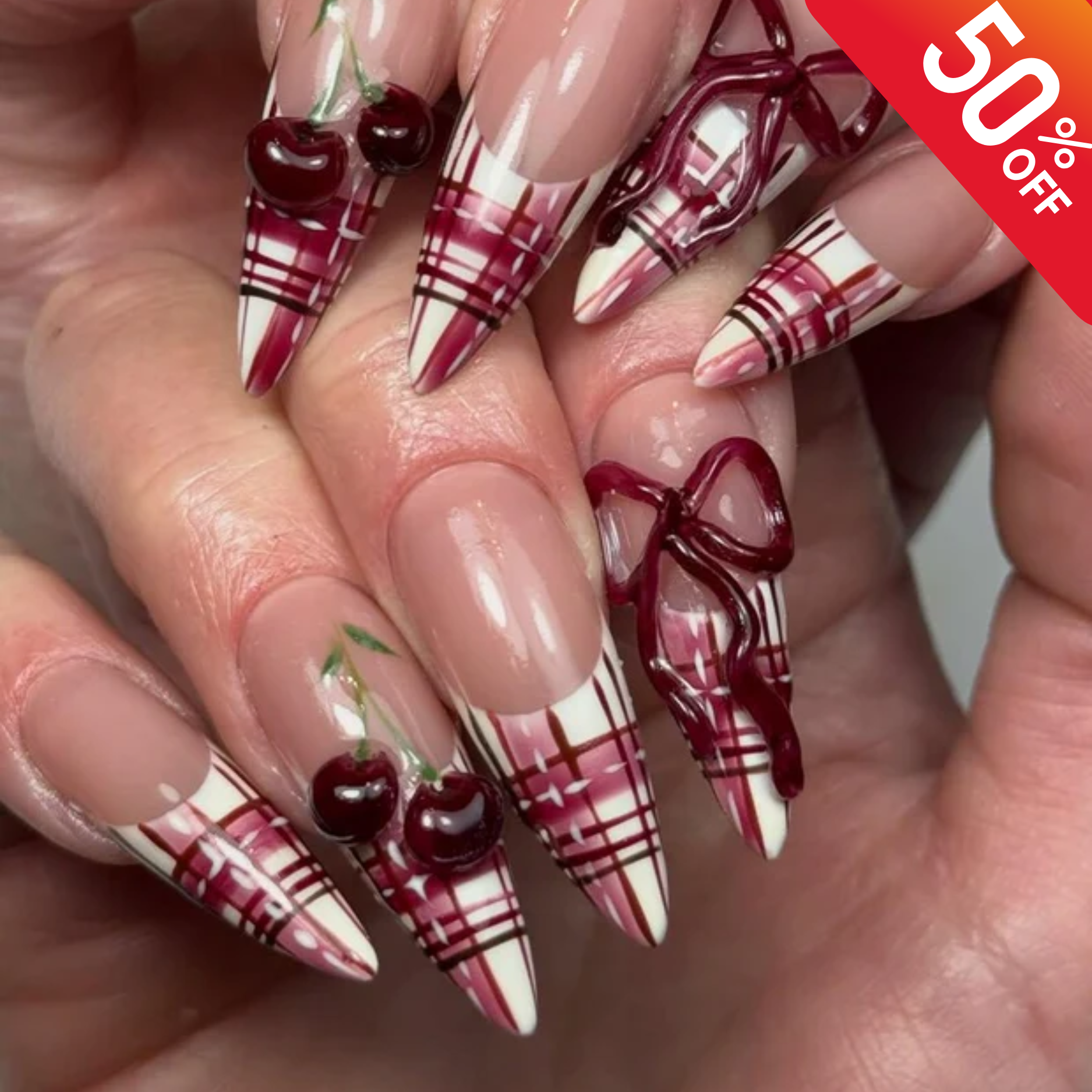 Cherry Tartan Couture Press On Nails for Valentine Days | Long Stiletto Nude Fake Nails | Burgundy Plaid & 3D Cherry Bow Nail Art