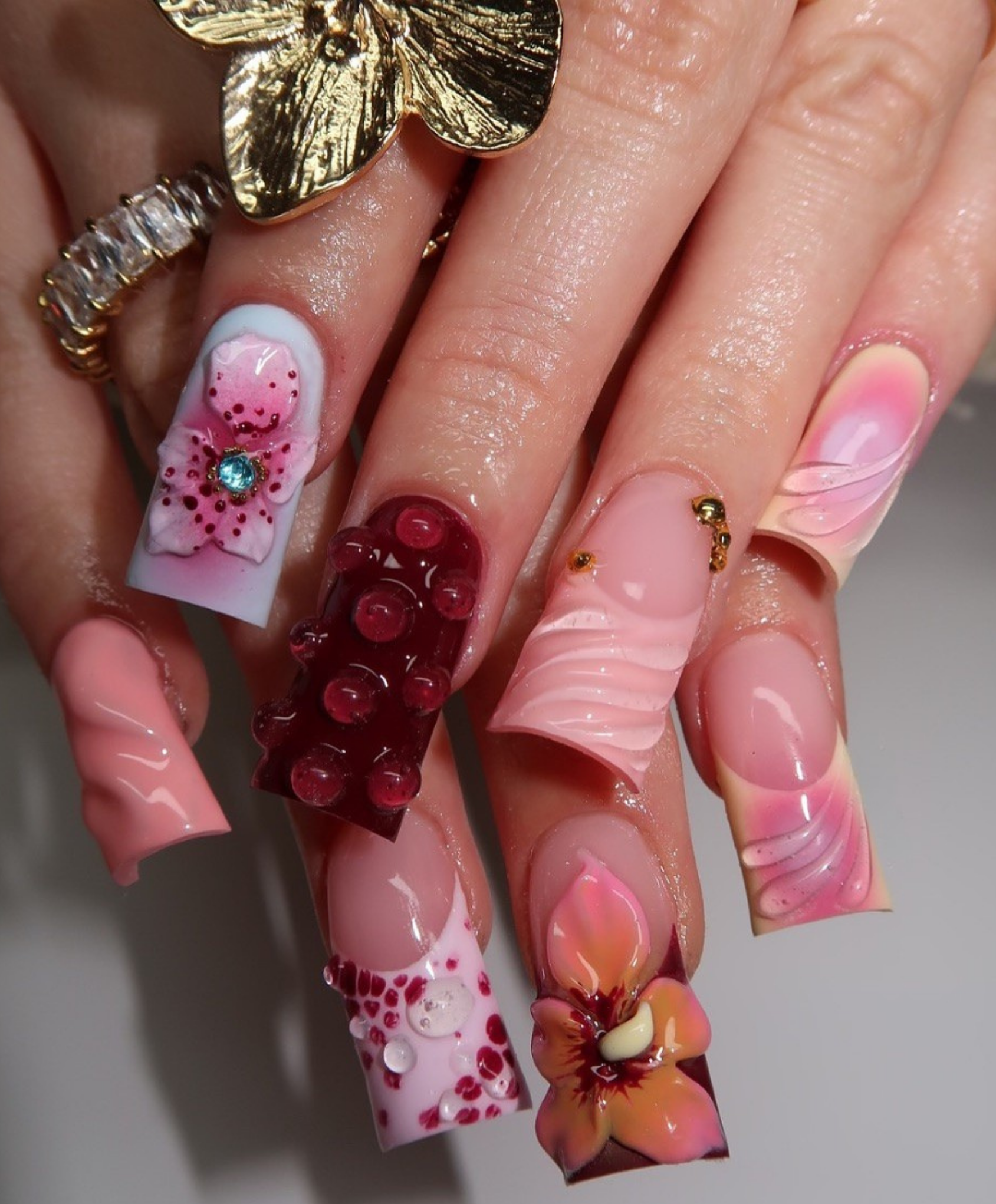 Handmade 3D Pink Floral & Jelly Droplet Press On Nails | Luxury Orchid Sculpted Fake Nails | Long Square 3D Flower Nails for Spring & Birthday