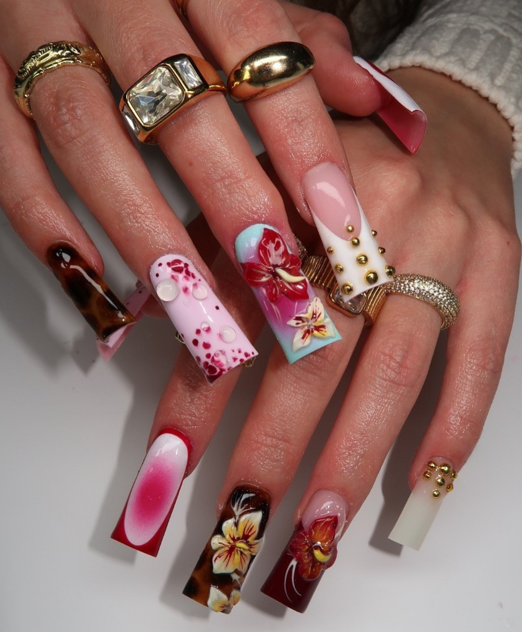 Handmade 3D Pink Floral & Jelly Droplet Press On Nails | Luxury Orchid Sculpted Fake Nails | Long Square 3D Flower Nails for Spring & Birthday