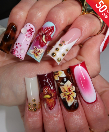Handmade 3D Pink Floral & Jelly Droplet Press On Nails | Luxury Orchid Sculpted Fake Nails | Long Square 3D Flower Nails for Spring & Birthday