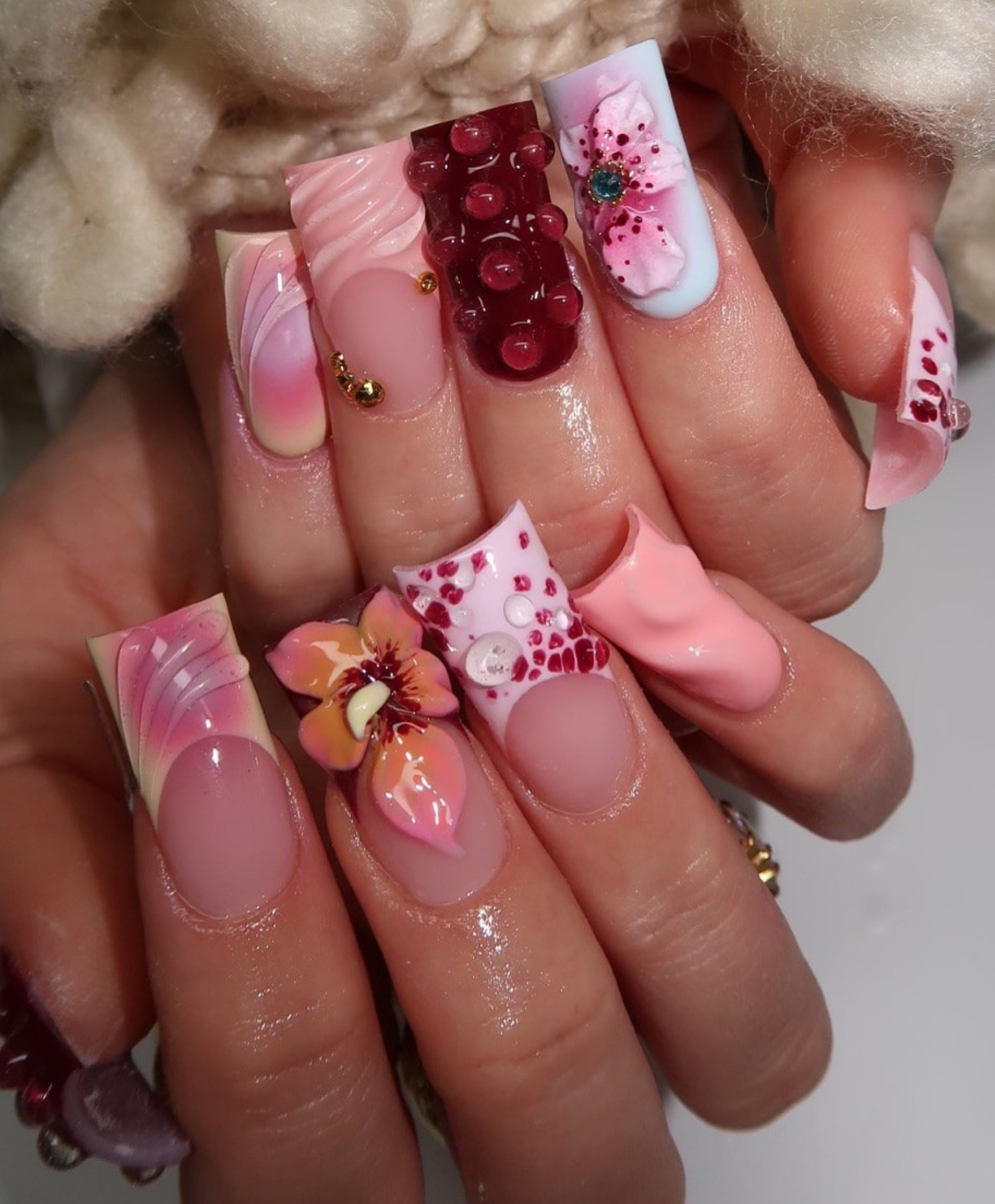 Handmade 3D Pink Floral & Jelly Droplet Press On Nails | Luxury Orchid Sculpted Fake Nails | Long Square 3D Flower Nails for Spring & Birthday