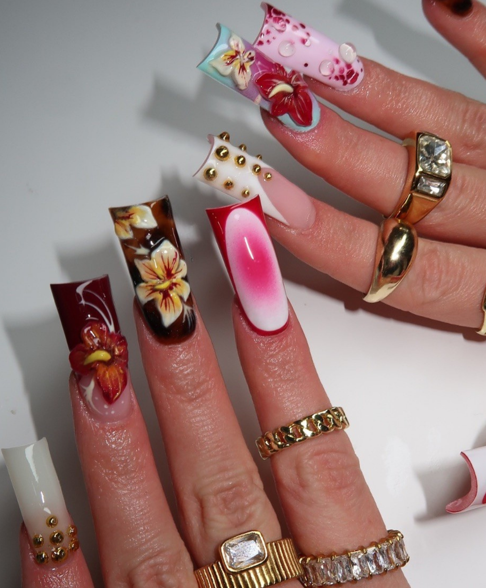 Handmade 3D Pink Floral & Jelly Droplet Press On Nails | Luxury Orchid Sculpted Fake Nails | Long Square 3D Flower Nails for Spring & Birthday