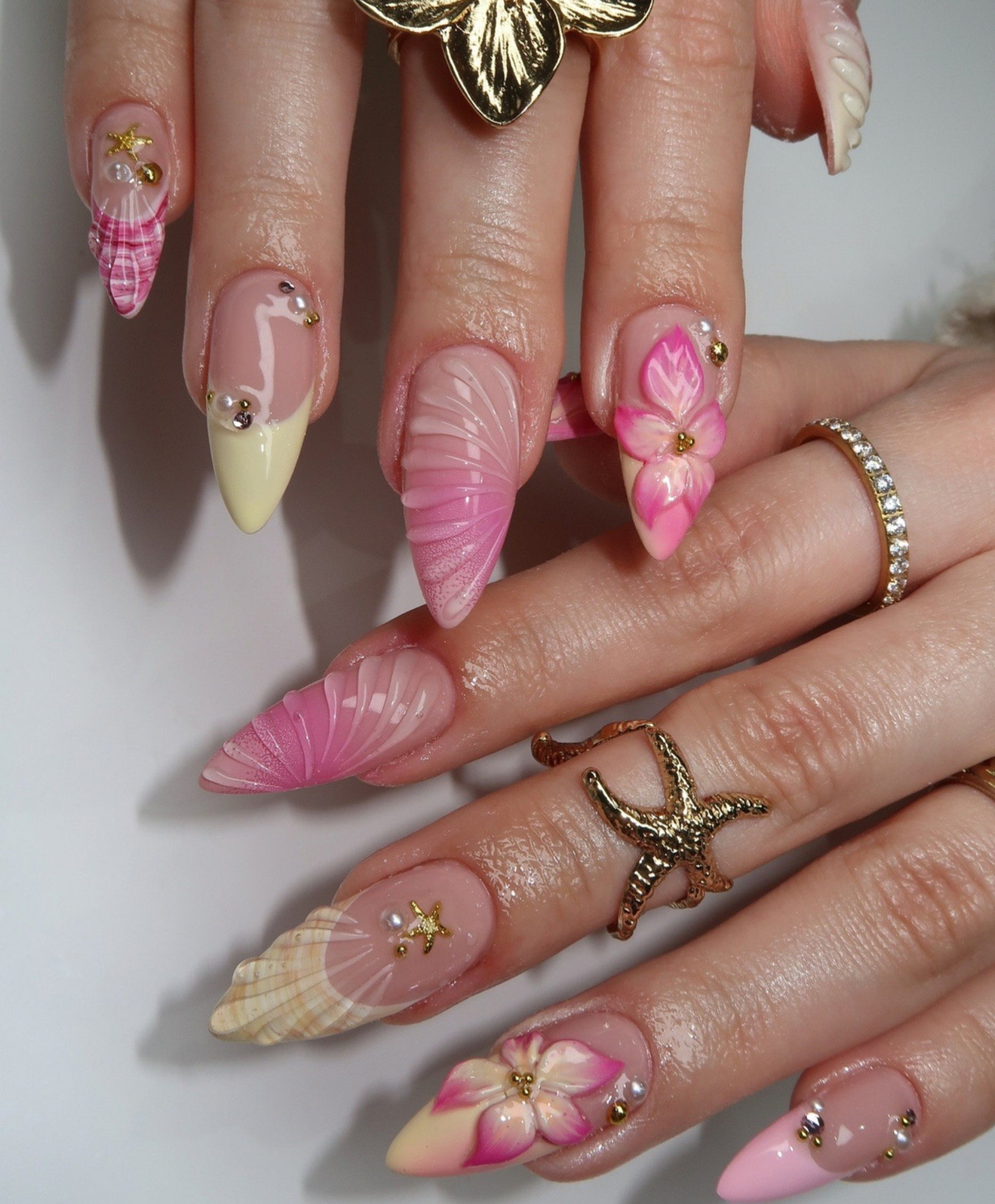 Handmade 3D Pink Shell & Tropical Flower Press On Nails | Mermaidcore Starfish Luxury Fake Nails | Long Almond Beach Nails for Summer & Cruise