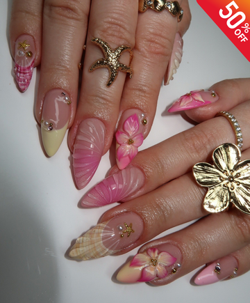 Handmade 3D Pink Shell & Tropical Flower Press On Nails | Mermaidcore Starfish Luxury Fake Nails | Long Almond Beach Nails for Summer & Cruise