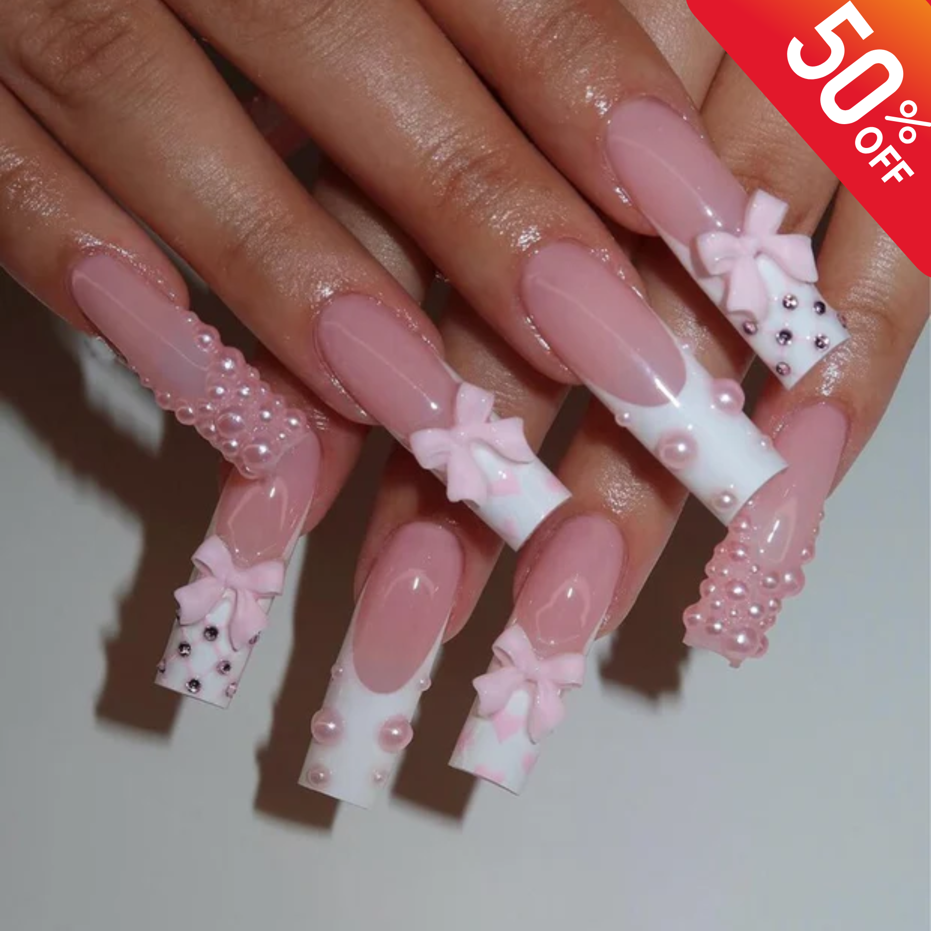 Valentines Pink Bow Press On Nails | Pink, White French Tip Nail Art | Handmade Girly Nail Set |3D Bow Nail | Soft & Elegant Design