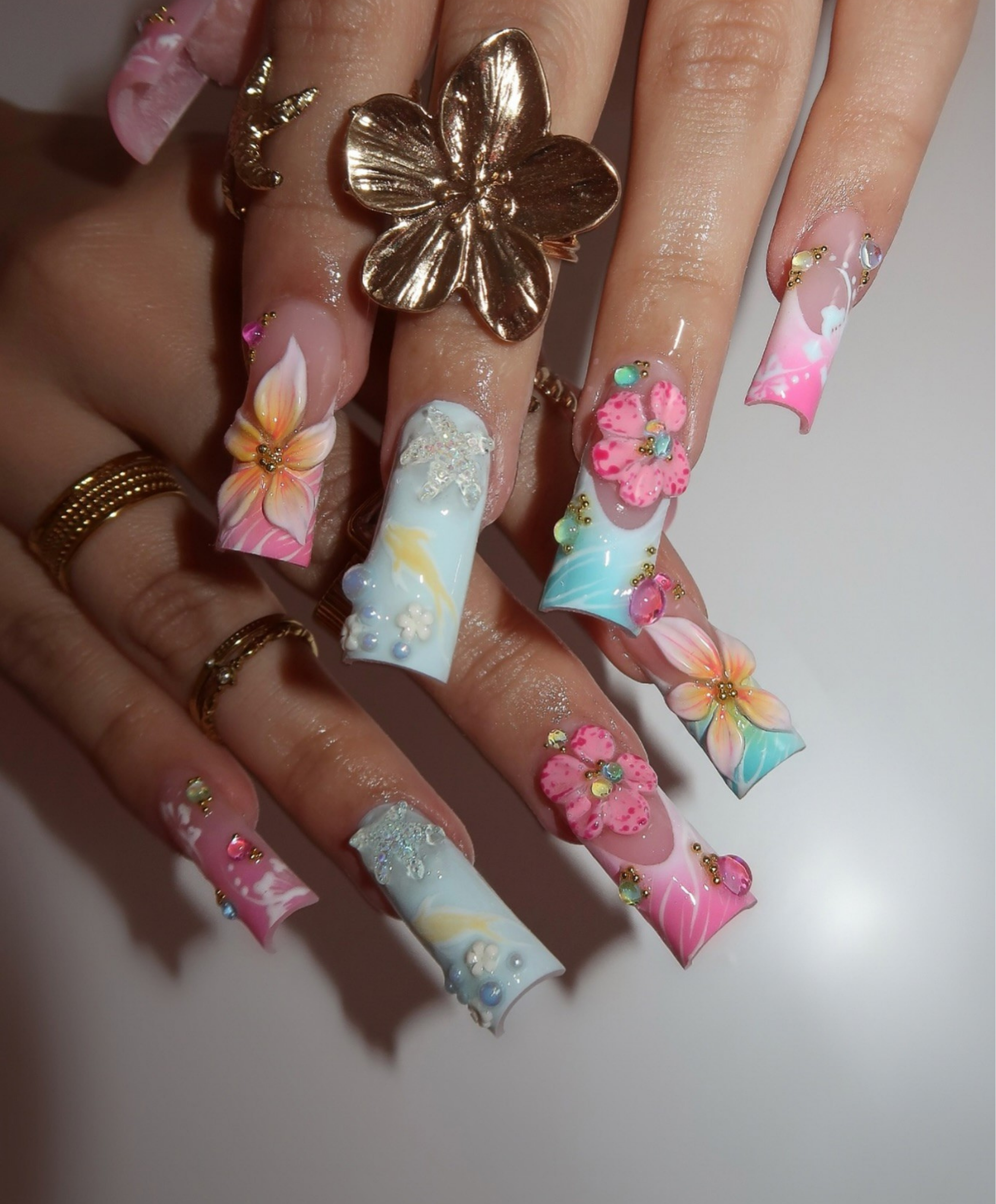 Pastel Tropical 3D Floral Press On Nails | Long Square Hibiscus Nail Art | Pink Blue Ombre Summer Nails | Luxury Rhinestone Handmade Nail Set | Vacation Beach Nails
