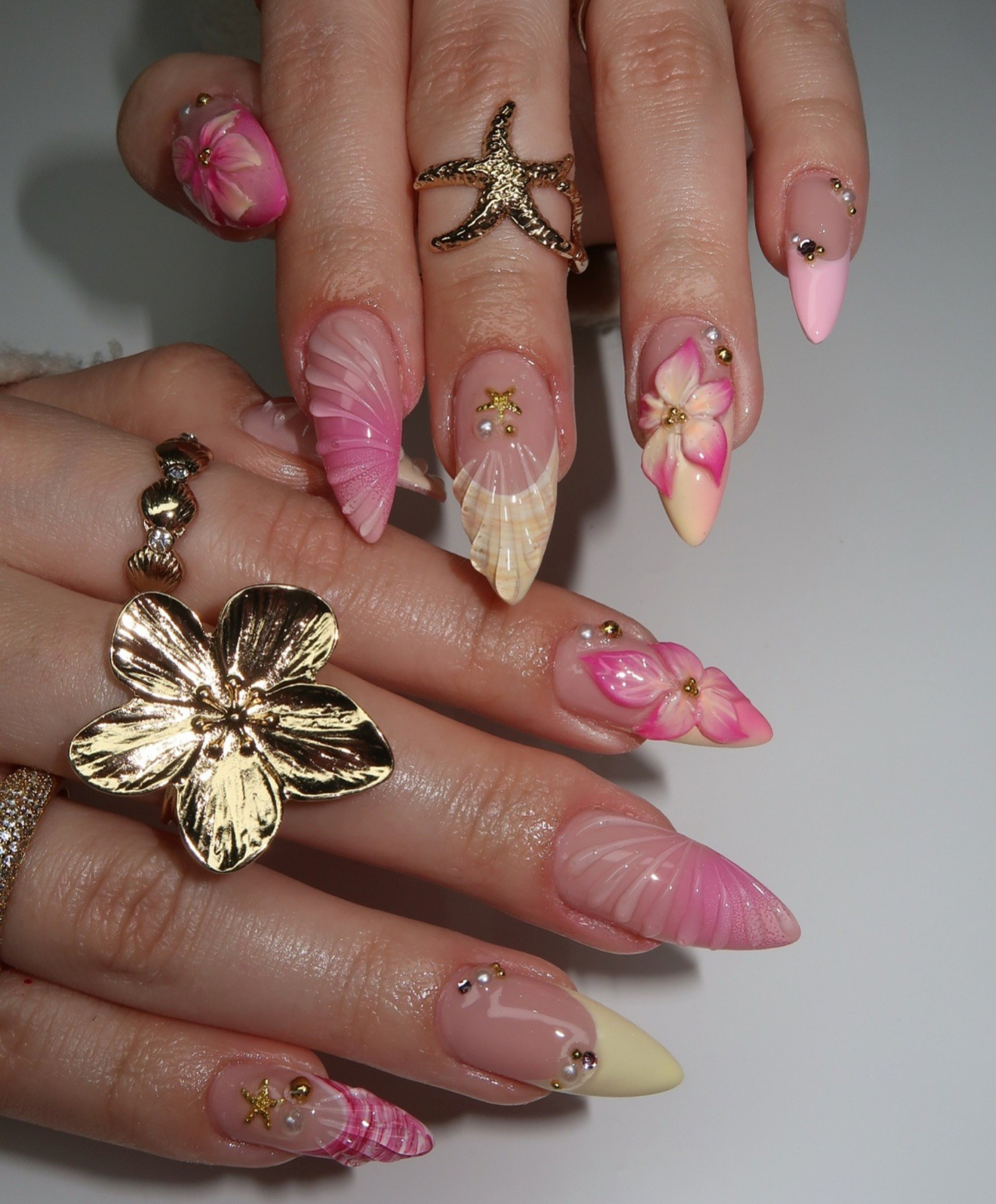 Handmade 3D Pink Shell & Tropical Flower Press On Nails | Mermaidcore Starfish Luxury Fake Nails | Long Almond Beach Nails for Summer & Cruise