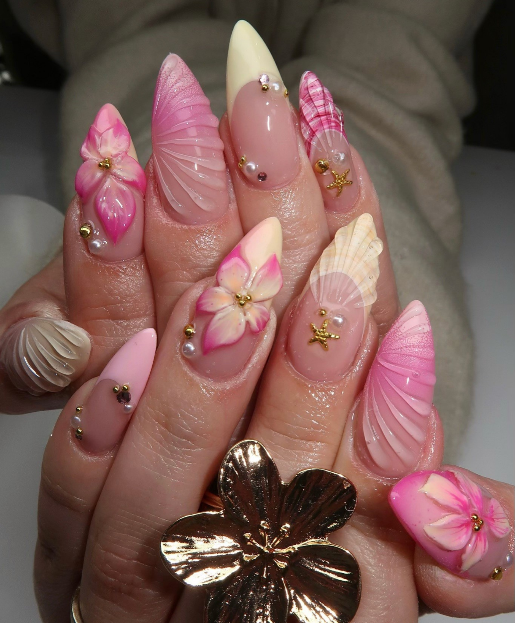 Handmade 3D Pink Shell & Tropical Flower Press On Nails | Mermaidcore Starfish Luxury Fake Nails | Long Almond Beach Nails for Summer & Cruise