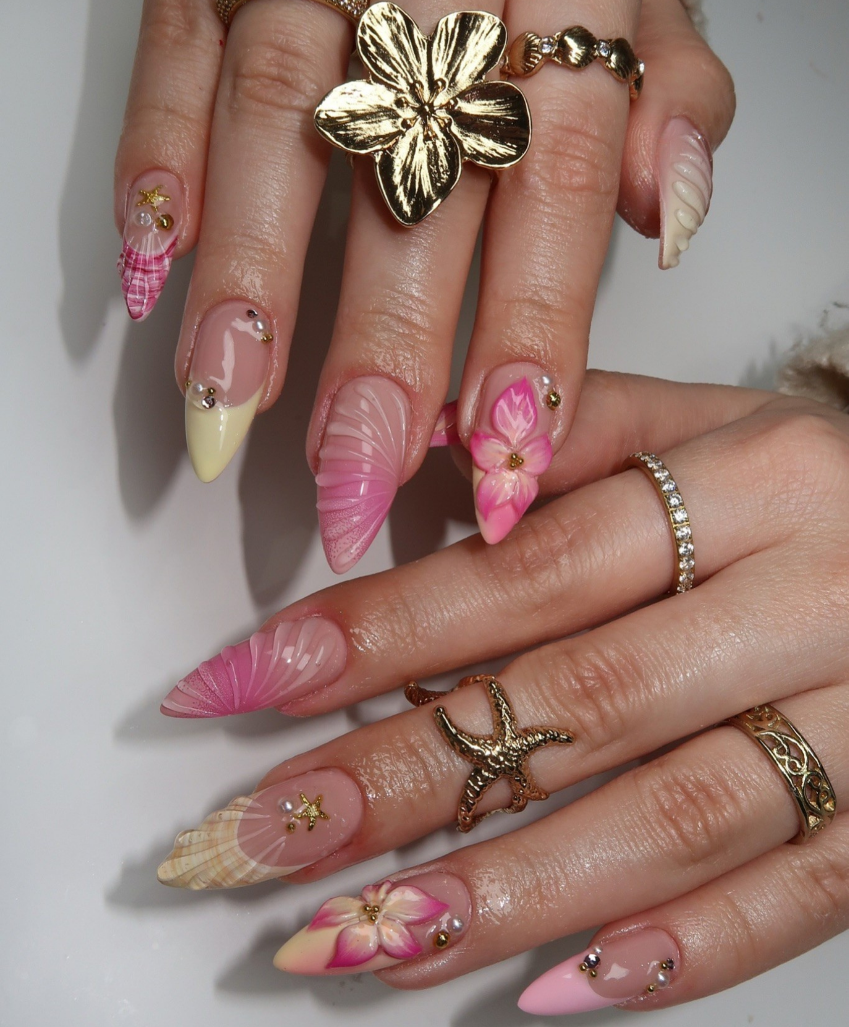 Handmade 3D Pink Shell & Tropical Flower Press On Nails | Mermaidcore Starfish Luxury Fake Nails | Long Almond Beach Nails for Summer & Cruise
