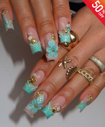 Handmade 3D Tiffany Blue Mermaid Press On Nails | Teal Flower & Gold Sea Turtle Luxury Fake Nails | Long Square Beach Nails for Summer & Cruise