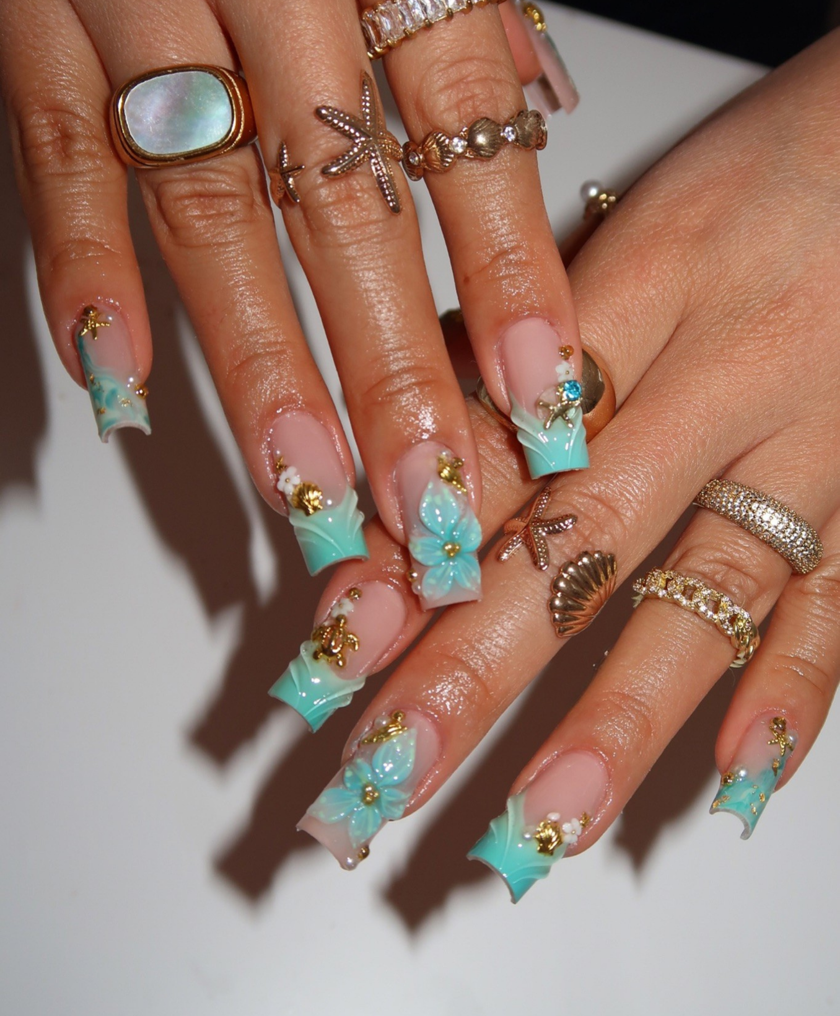 Handmade 3D Tiffany Blue Mermaid Press On Nails | Teal Flower & Gold Sea Turtle Luxury Fake Nails | Long Square Beach Nails for Summer & Cruise