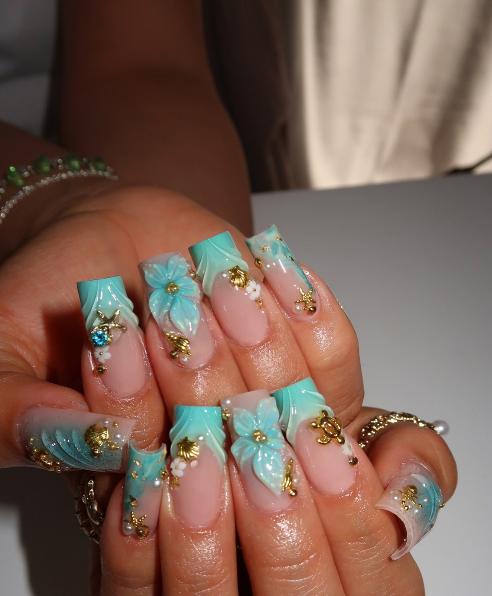 Handmade 3D Tiffany Blue Mermaid Press On Nails | Teal Flower & Gold Sea Turtle Luxury Fake Nails | Long Square Beach Nails for Summer & Cruise