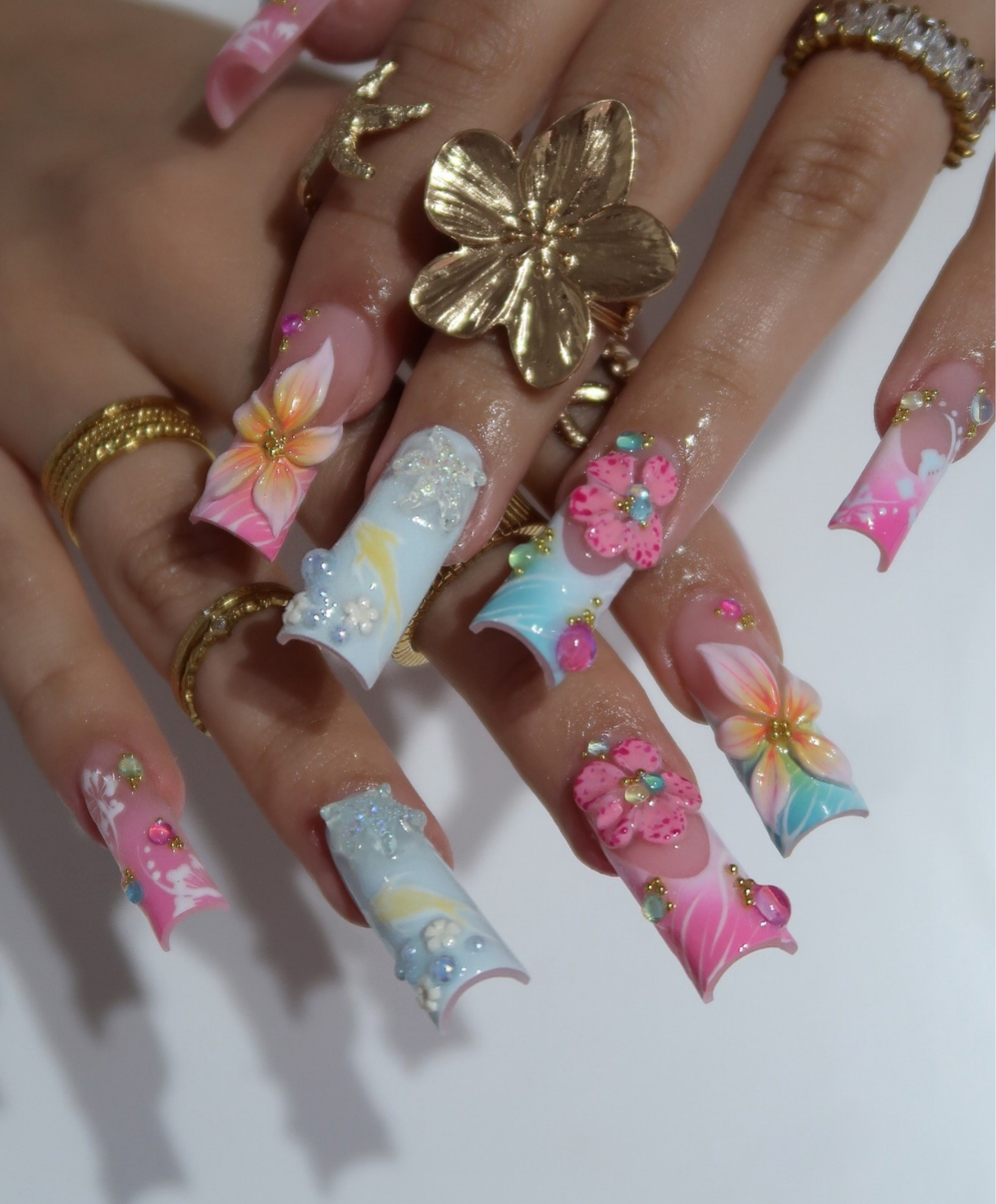 Pastel Tropical 3D Floral Press On Nails | Long Square Hibiscus Nail Art | Pink Blue Ombre Summer Nails | Luxury Rhinestone Handmade Nail Set | Vacation Beach Nails