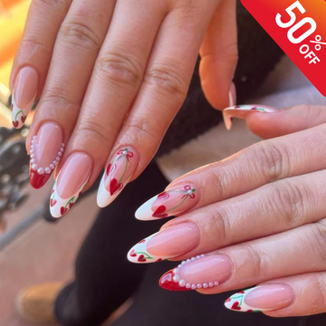 Valentine French Tip Heart Press-On Nails | Romantic Heart Design Nails with Pearl Accents | Red & White Heart Nails | Love-Inspired