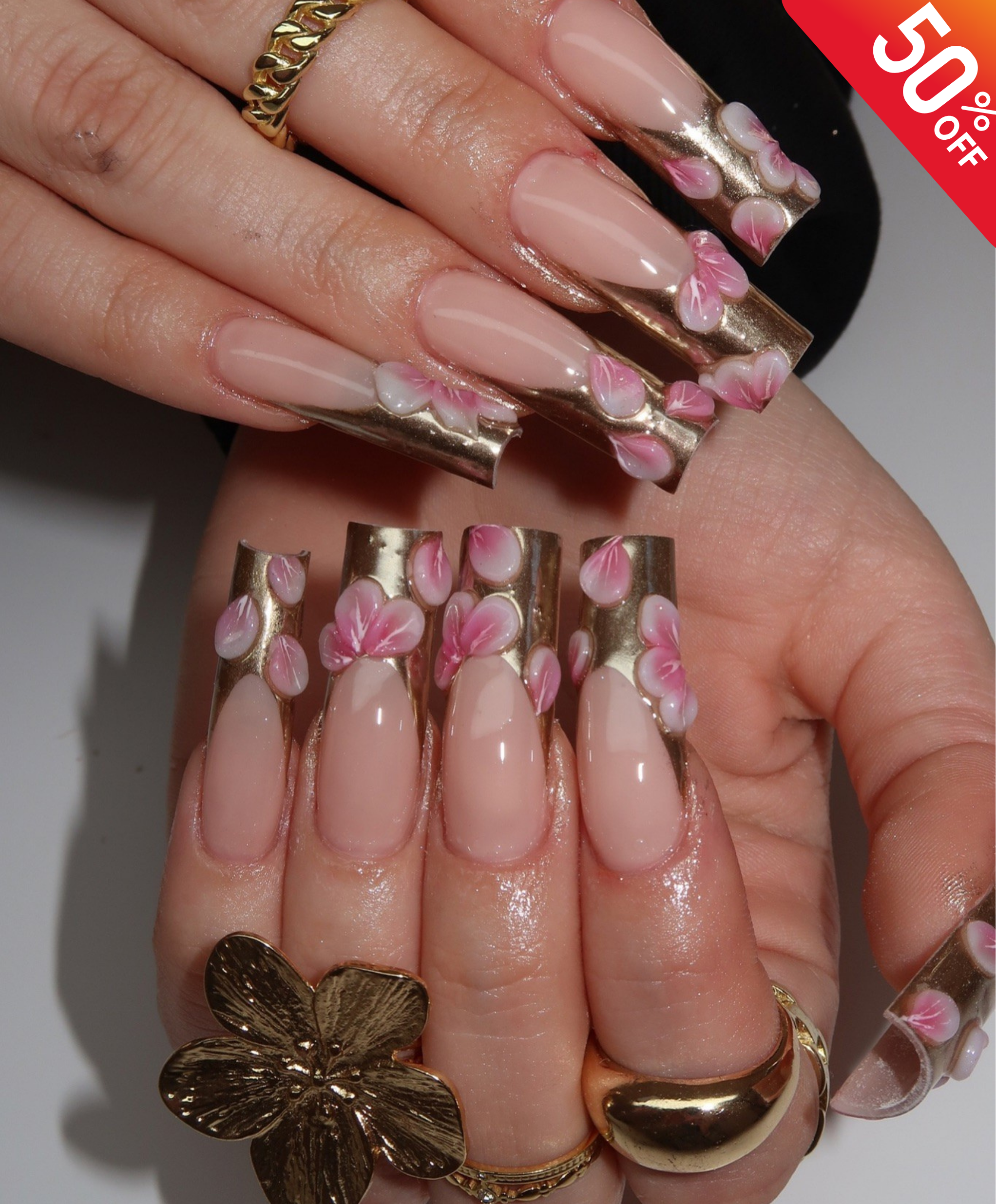 Luxury 3D Floral Gold Chrome Press On Nails | Long Square Nude & Metallic French Tip | Elegant Pink Flower Handmade Nail Set | Bridal Glam Nails