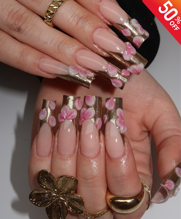 Luxury 3D Floral Gold Chrome Press On Nails | Long Square Nude & Metallic French Tip | Elegant Pink Flower Handmade Nail Set | Bridal Glam Nails
