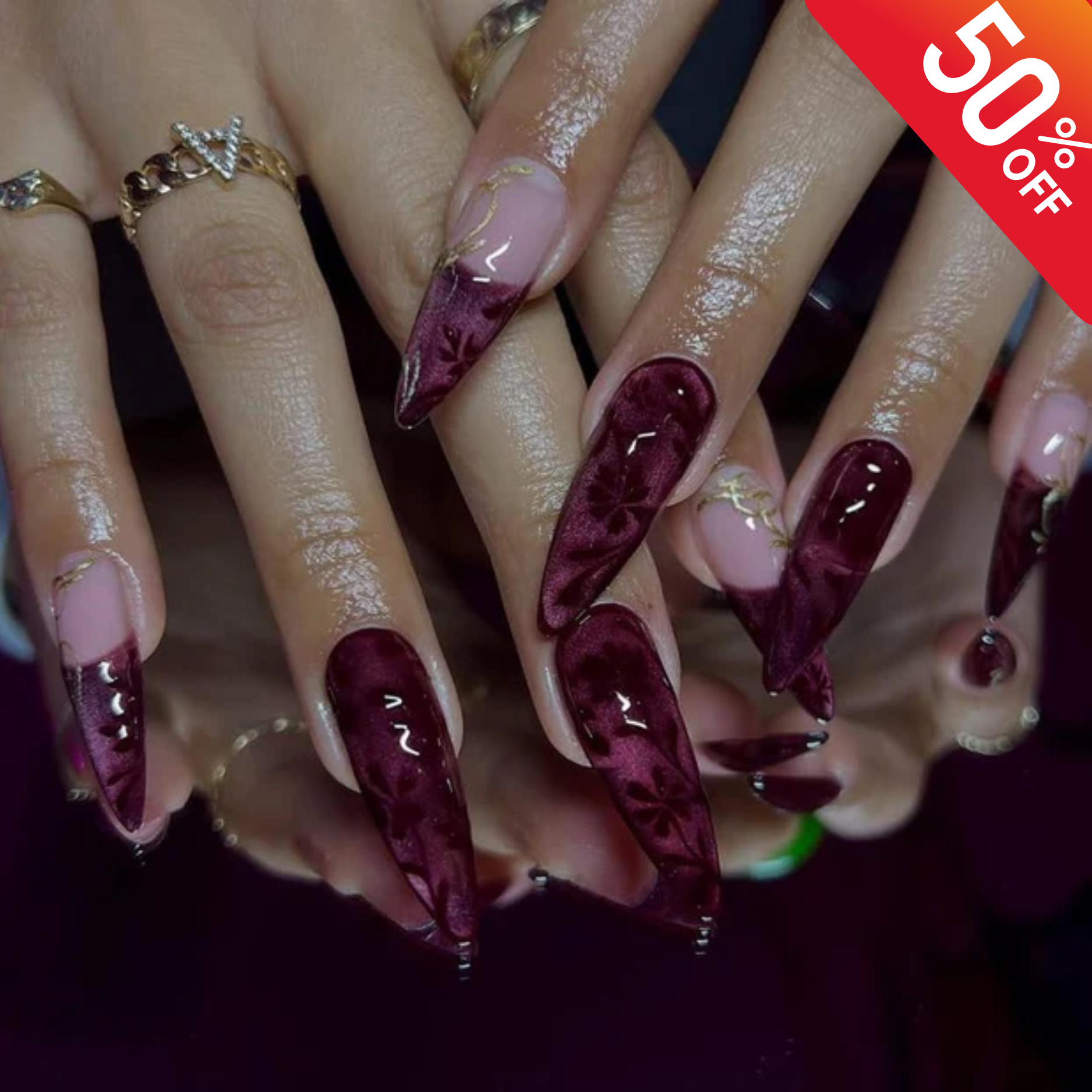Burgundy Blooming Flower Press On Nails | Luxury French Fake Nails | Mulberry Floral Nail Art | Spring Press Ons | Long Stiletto Purple Nail