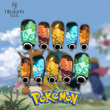 Pokémon Starter Nails – Bulbasaur, Charmander &amp; Squirtle Press-On Nail Set, Glowing Anime Design | Dragonnail