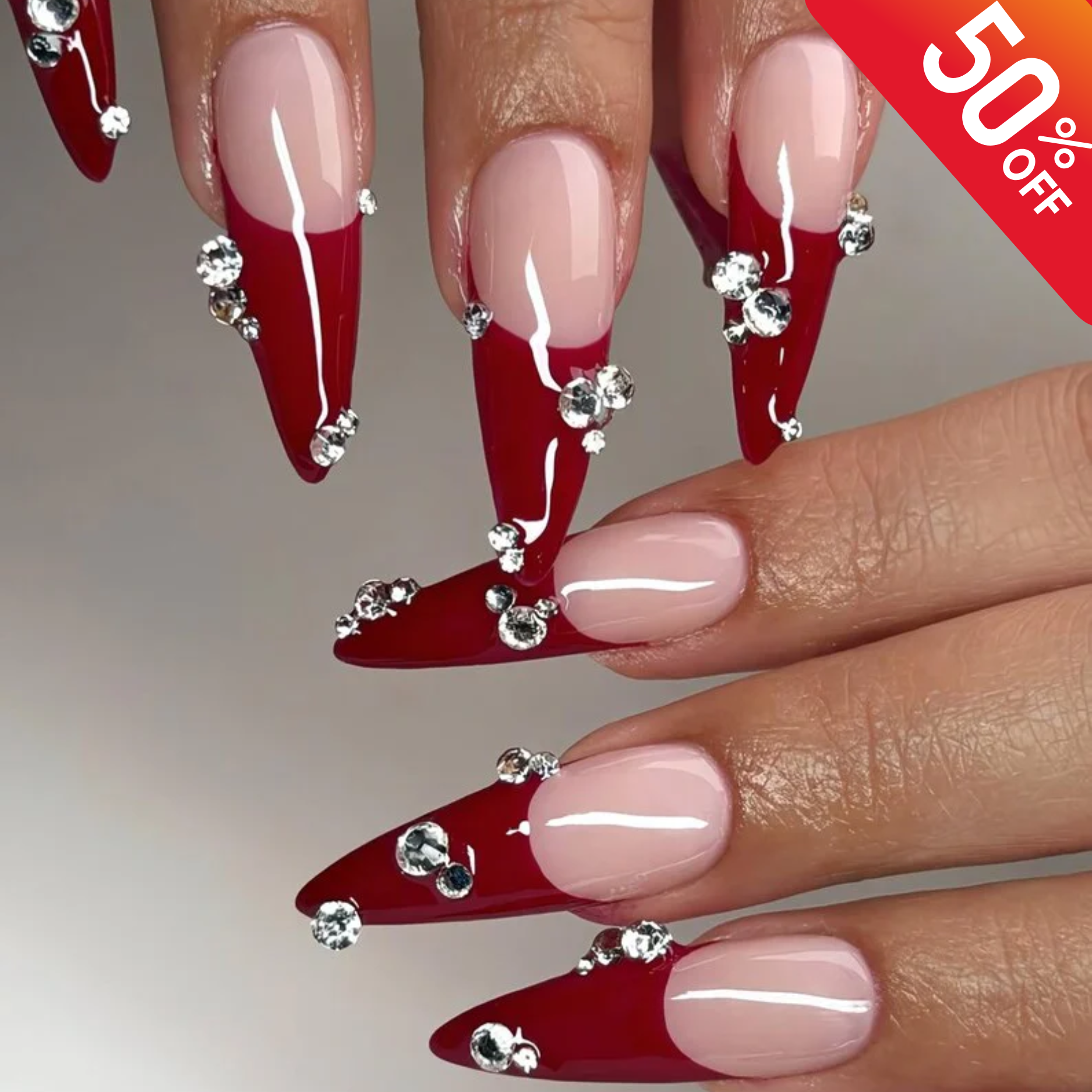 Luxury Red French Tip Press On Nails with Crystals, Nude Pink Nails, Luxury Valentine Nail Set, Elegant Valentine Gift, Handmade Glam Nails