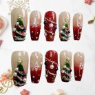 Christmas Tree Press-On Nails, Red Ombre Glitter Holiday Set with 3D Pearls, Snowflakes &amp; String-Lights Charms