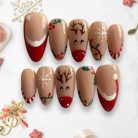 Reindeer Christmas Press-On Nails, Nude and Red Holiday Nail Set with Snowflakes, Holly &amp; String Lights — Handmade Winter Nail Art