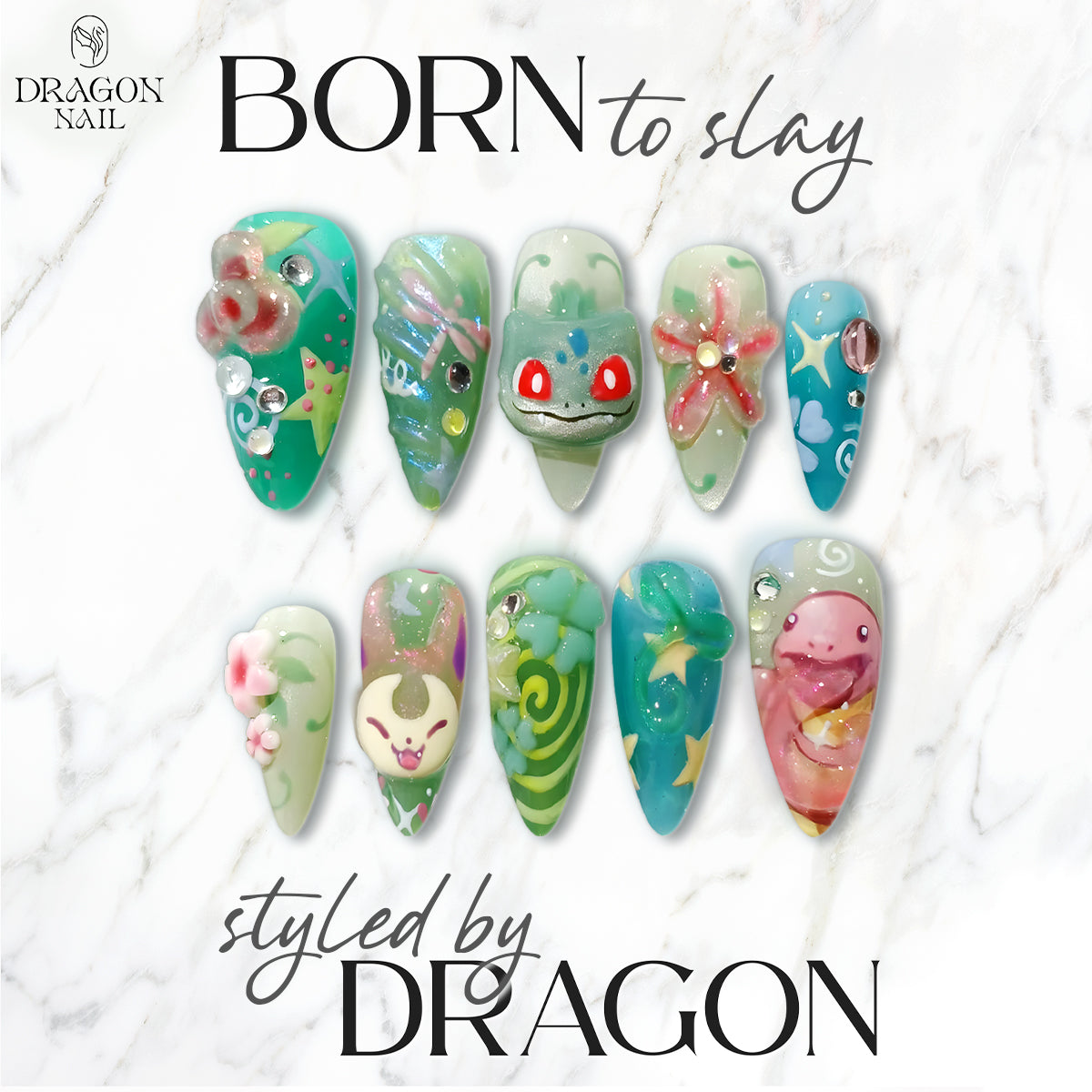 3D Pokémon Green Nails – Bulbasaur, Slowpoke &amp; Leafeon Press-On Nail Set, Cute Floral Design | Dragonnail