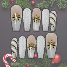 White Cable Knit Winter Press-On Nails, Nude &amp; Gold Snowflake Charm Set with Candy-Cane Swirls — Elegant Reusable Nail Art