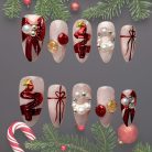 Red Chrome Christmas Tree Press-On Nails, Pink Glitter Holiday Nail Set with Pearls, Ornaments &amp; Gift Bow Designs — Reusable Festive Nails