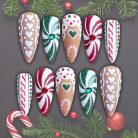 Gingerbread Peppermint Press-On Nails, Red Green &amp; White Holiday Nail Set with Candy Swirls, Hearts &amp; Icing Details — Handmade Christmas Nails