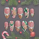Gingerbread Candy Cane Press-On Nails, Pink Plaid Glitter Nail Set with 3D Gingerbread Men, Stars &amp; Beaded Details — Handmade Christmas Nails