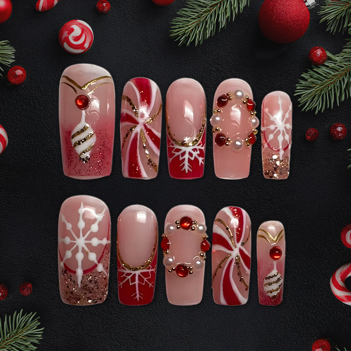 Red &amp; Gold Snowflake Press-On Nails, Christmas Ornament Nail Set with Pearls, Glitter &amp; Candy Swirl Design — Elegant Holiday Nail Art