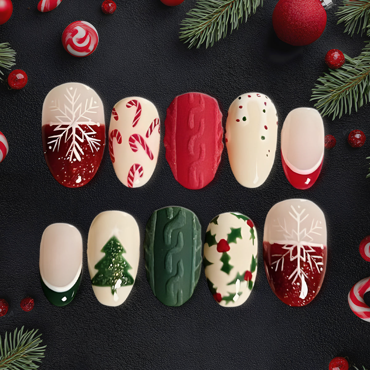 Red &amp; Green Christmas Press-On Nails, Holiday Sweater Nail Set with Tree, Candy Cane &amp; Snowflake Designs — Cozy Festive Nails for Winter
